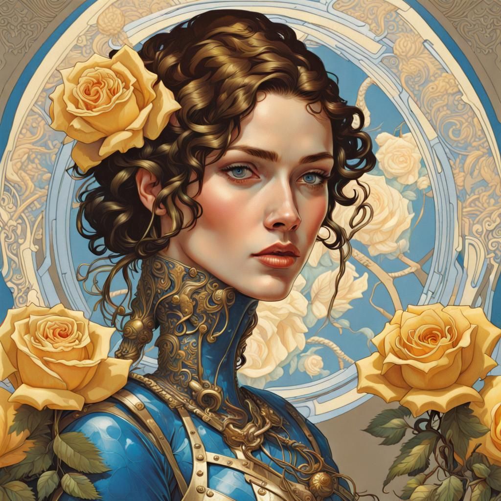 Brunette Knight in Glass Armor with Golden Roses