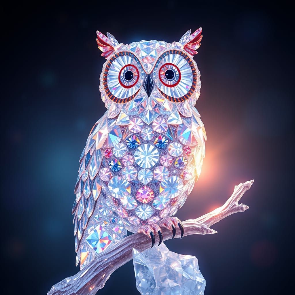 Diamond Owl Sculpture on Crystalline Branch