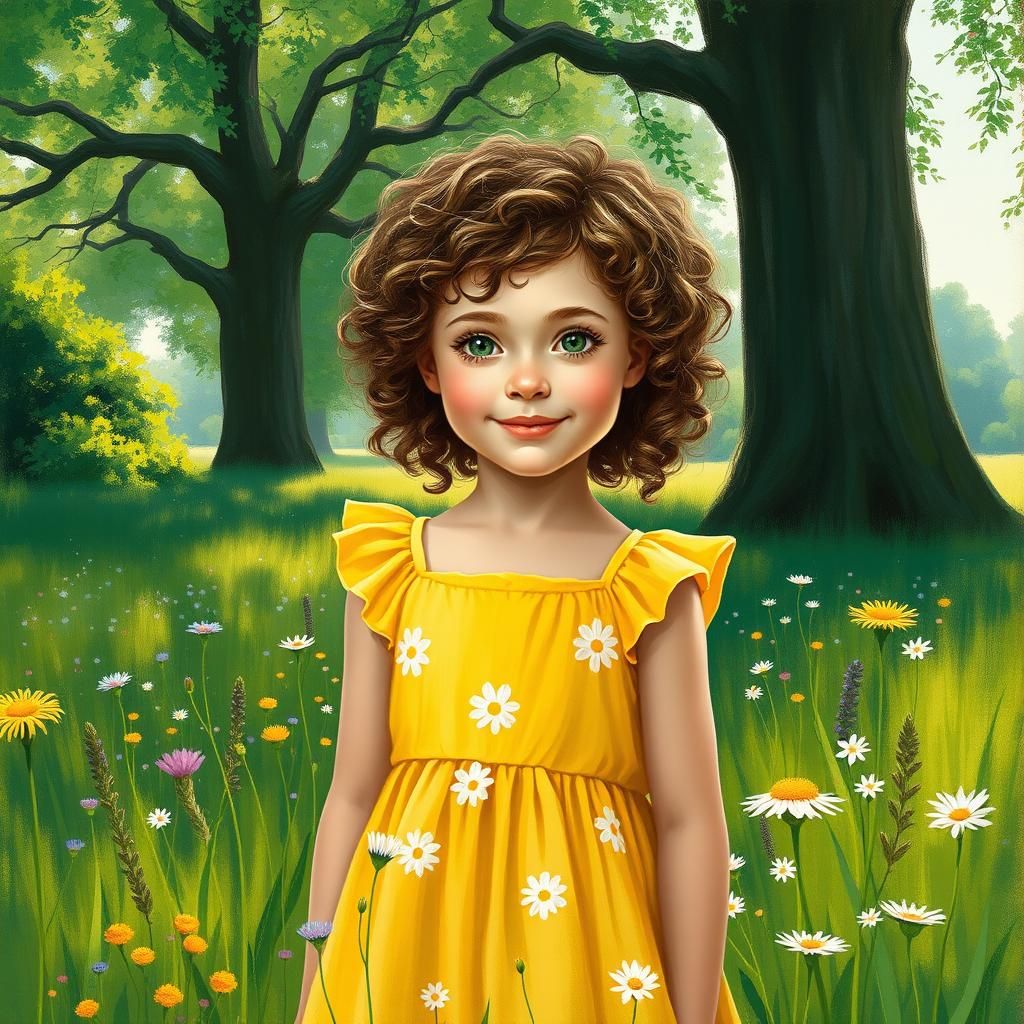 Impressionistic Girl in Meadow with Wildflowers