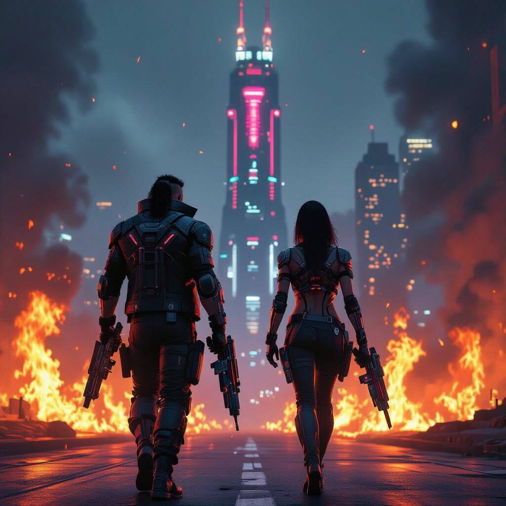 Cyberpunk Duo Walking Through Flames at Arasaka