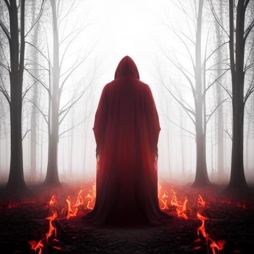 Mysterious Hooded Figure in Ominous Forest