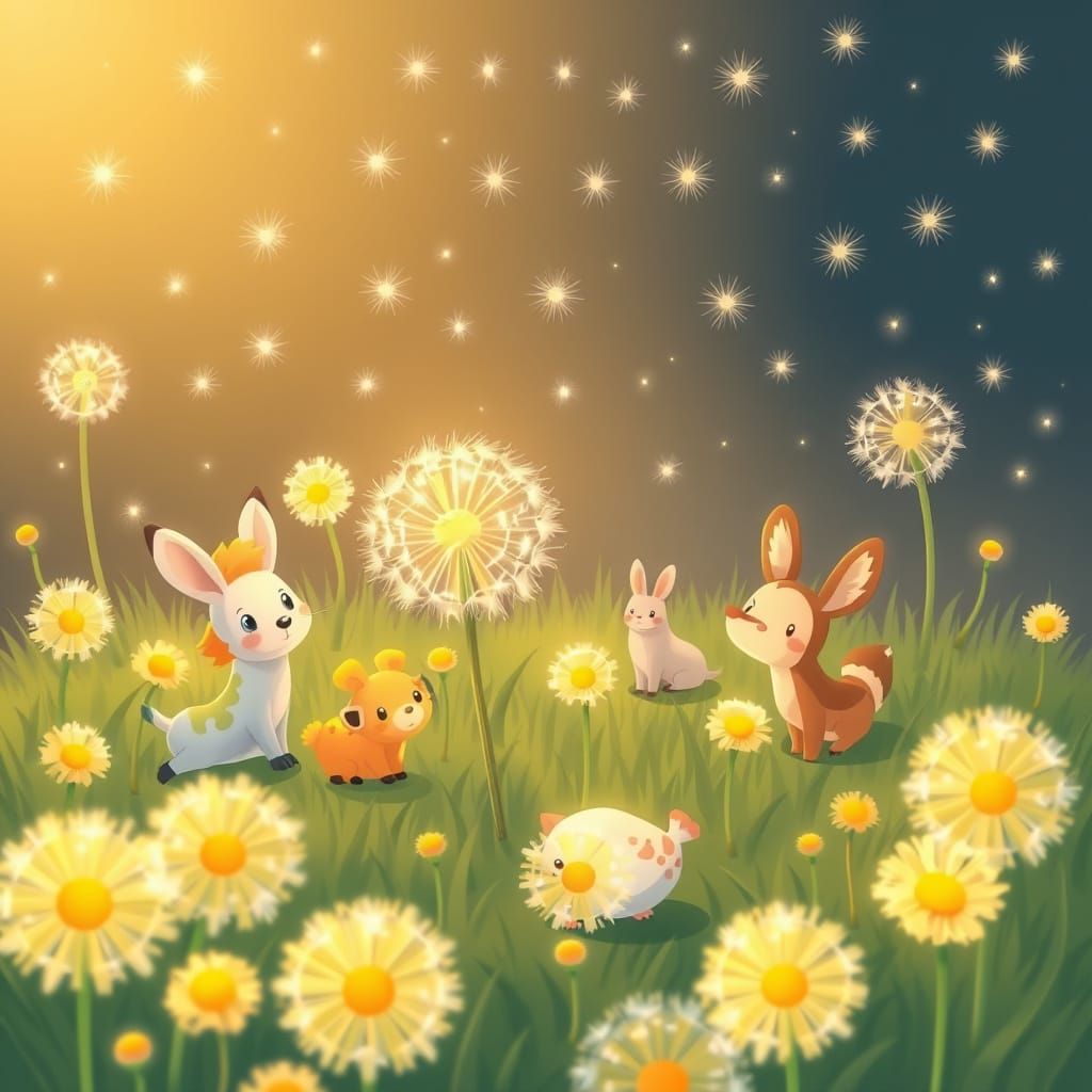 Cartoon Animals Play Among Glowing Dandelions
