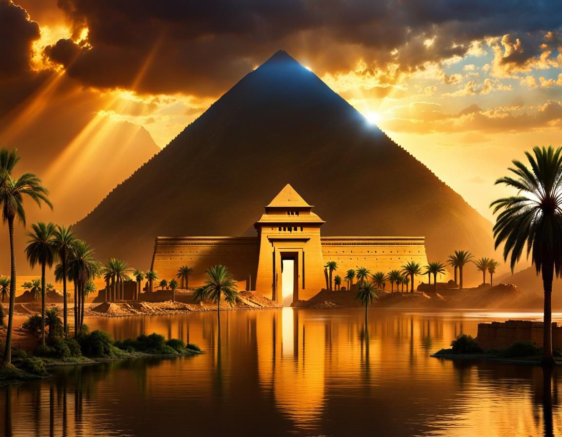 Flooded Egyptian Palace with Horus in the Sky