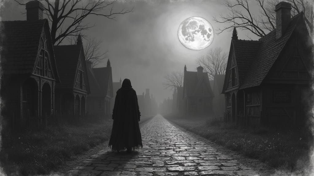 Medieval Town Under Vampire Shadow: Charcoal Drawing