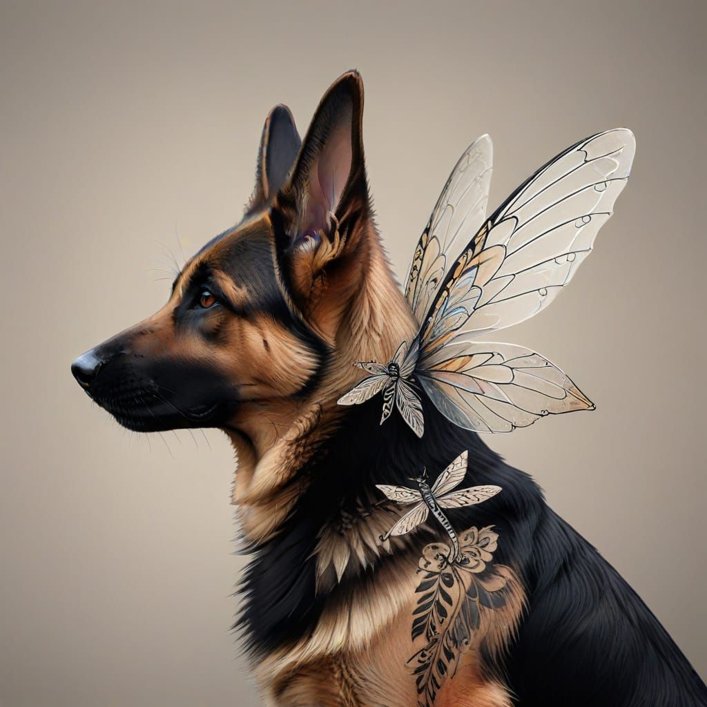 A German Shepherd rendered in tribal tattoo ink. The dog’s coat is a sable and black color, with subtle shading to conve...