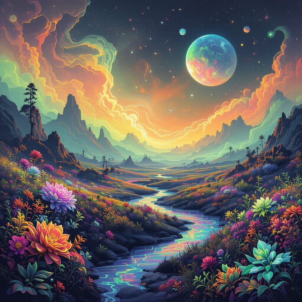 Iridescent Alien Landscape in Holographic Style