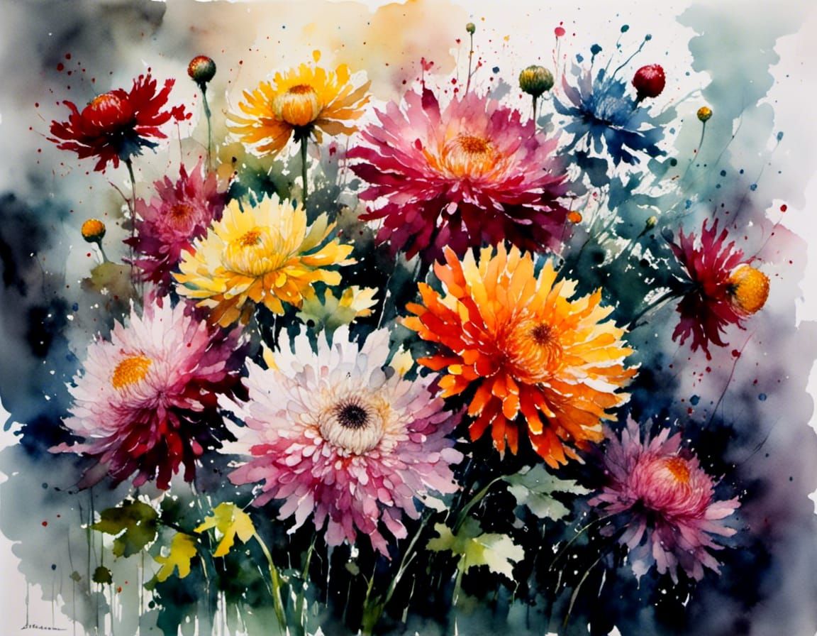 Colorful Chrysanthemum Bloom on Rainy Day: Watercolor Style