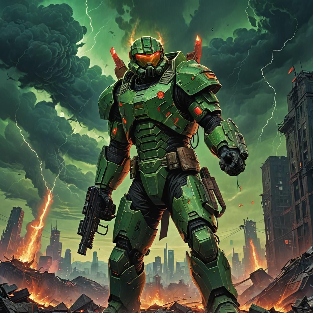 Doomguy Victorious in Hellish Cityscape