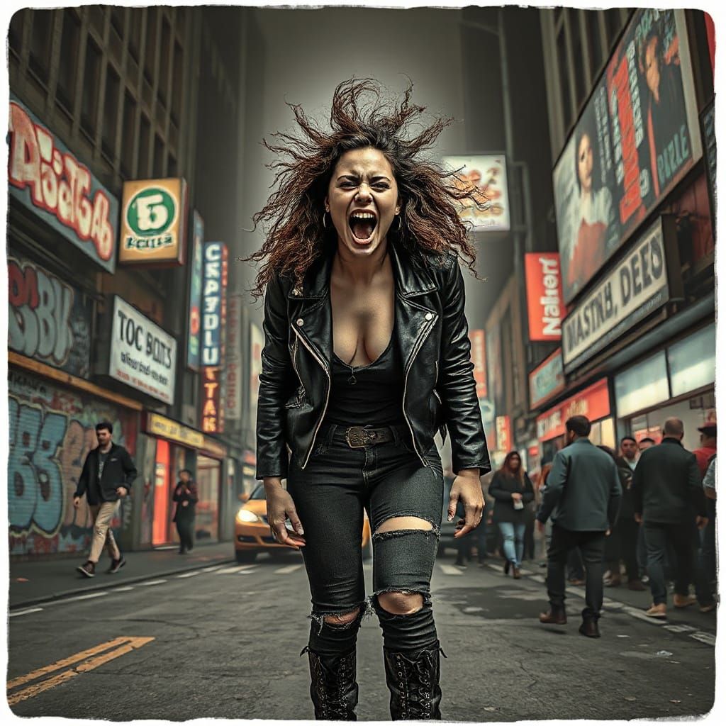 Screaming Woman in Chaotic Cityscape Street Art