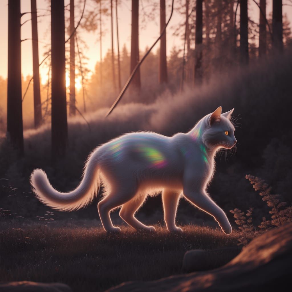 A double exposure image blending a mystical feline with a se...