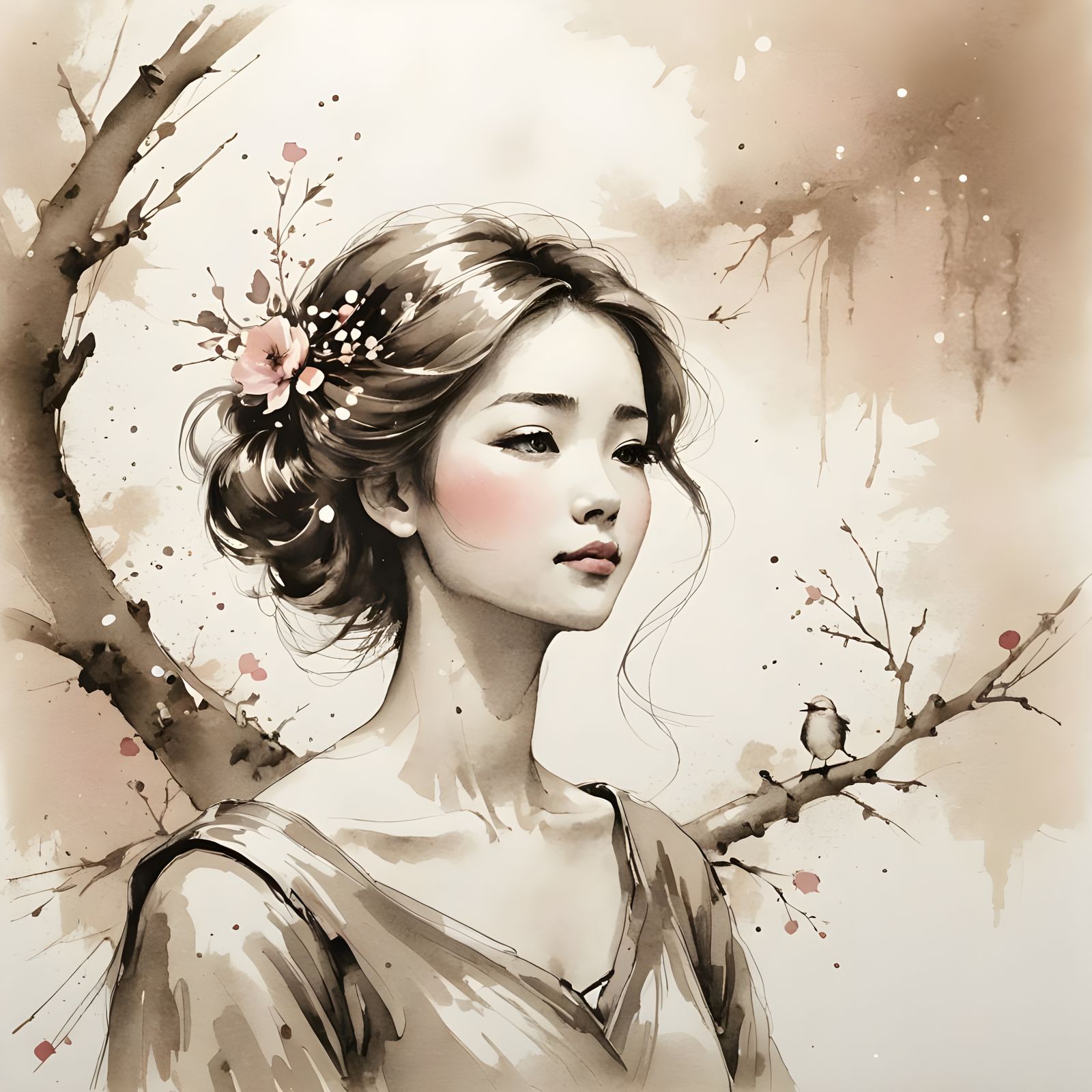 Bird on Branch in Sumi-e Pop Art Style