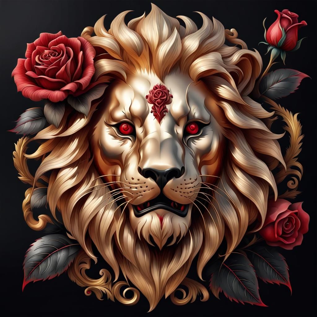 Golden Lion with Rose Tattoo: Hyperrealistic 8K Art