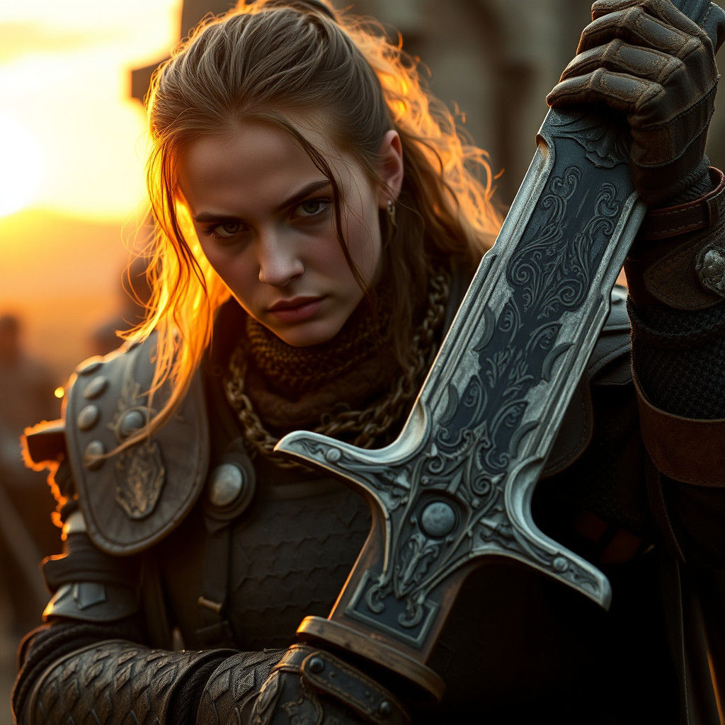 Medieval Warrior in Leather Armor with Broadsword