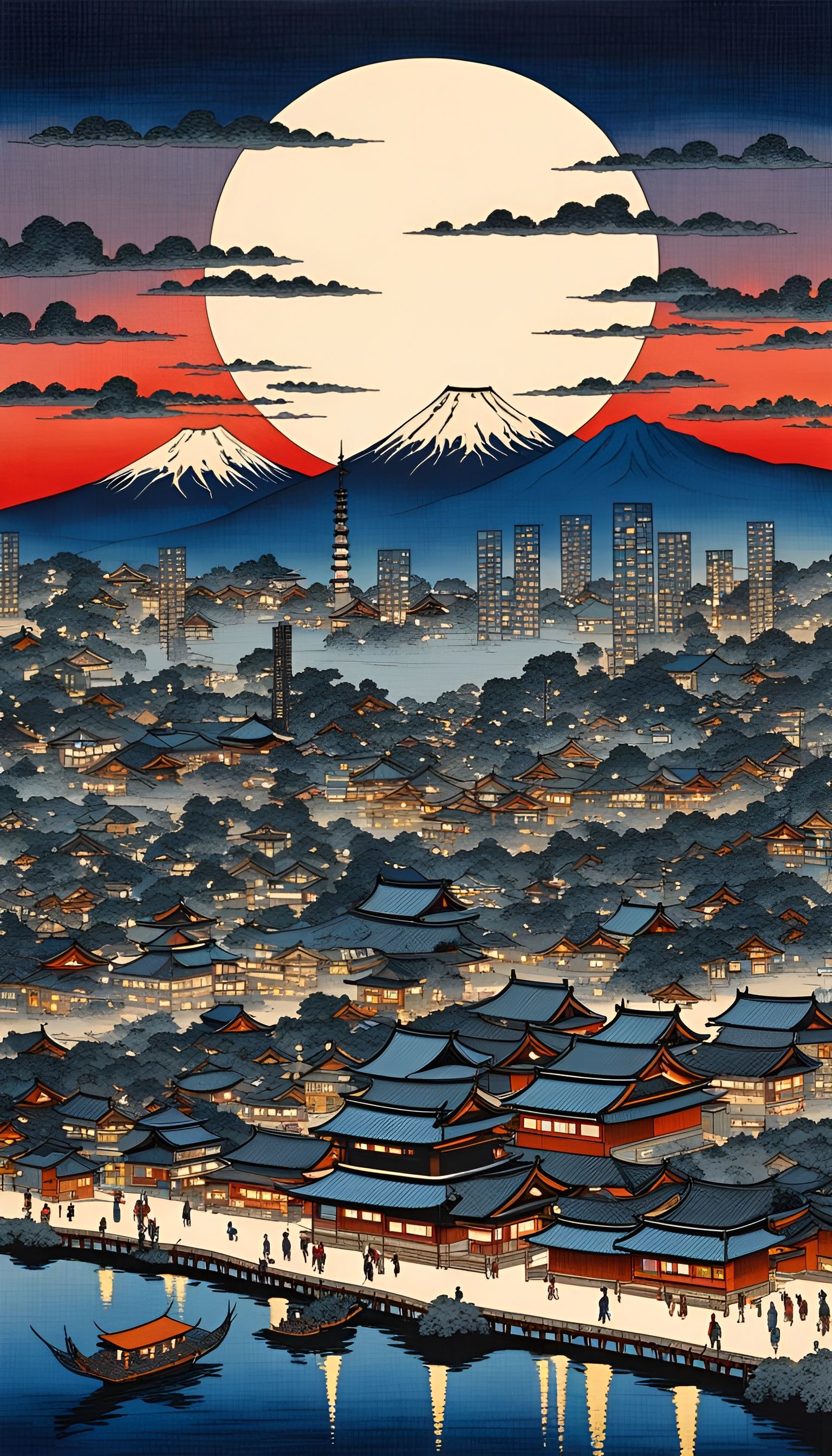 Modern Japanese City at Night in Ukiyo-e Style