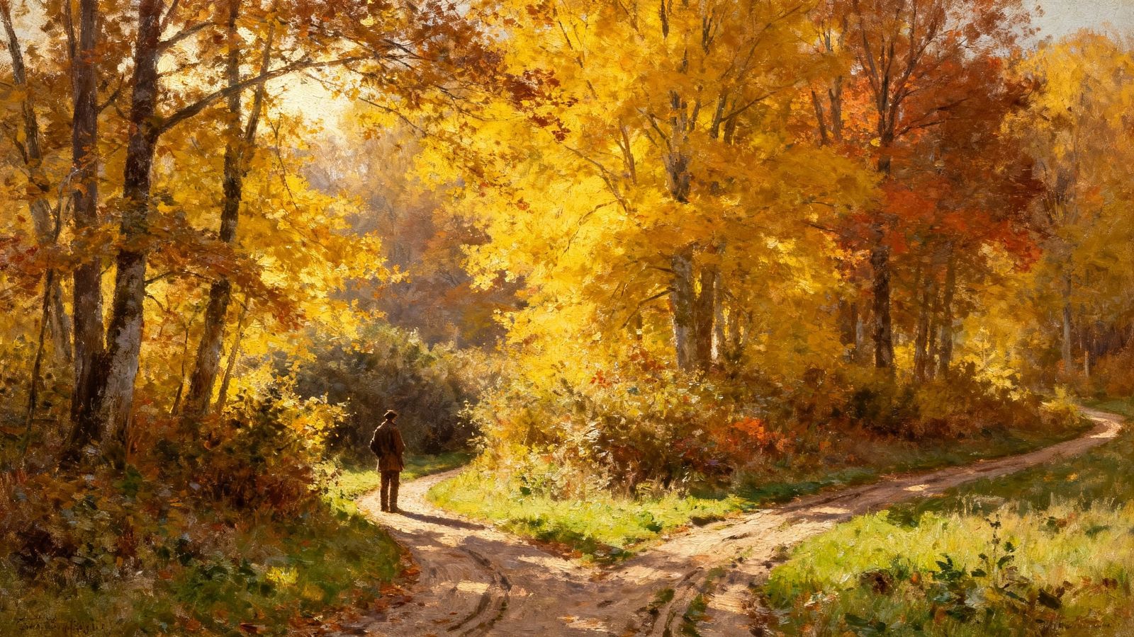 Autumn Traveler at a Fork in the Road