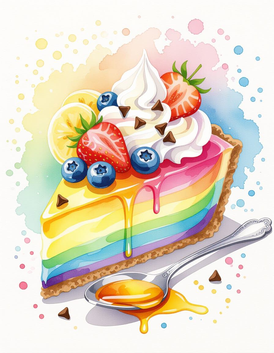 Rainbow Cheesecake Slice with Berries, Watercolor Art