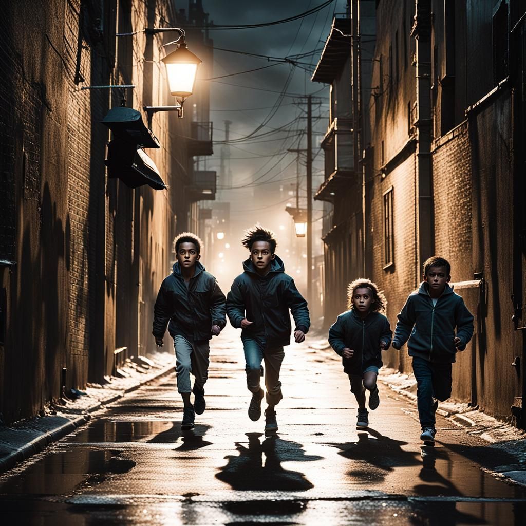 Kids Run Through Dark Alley in Film Noir Style