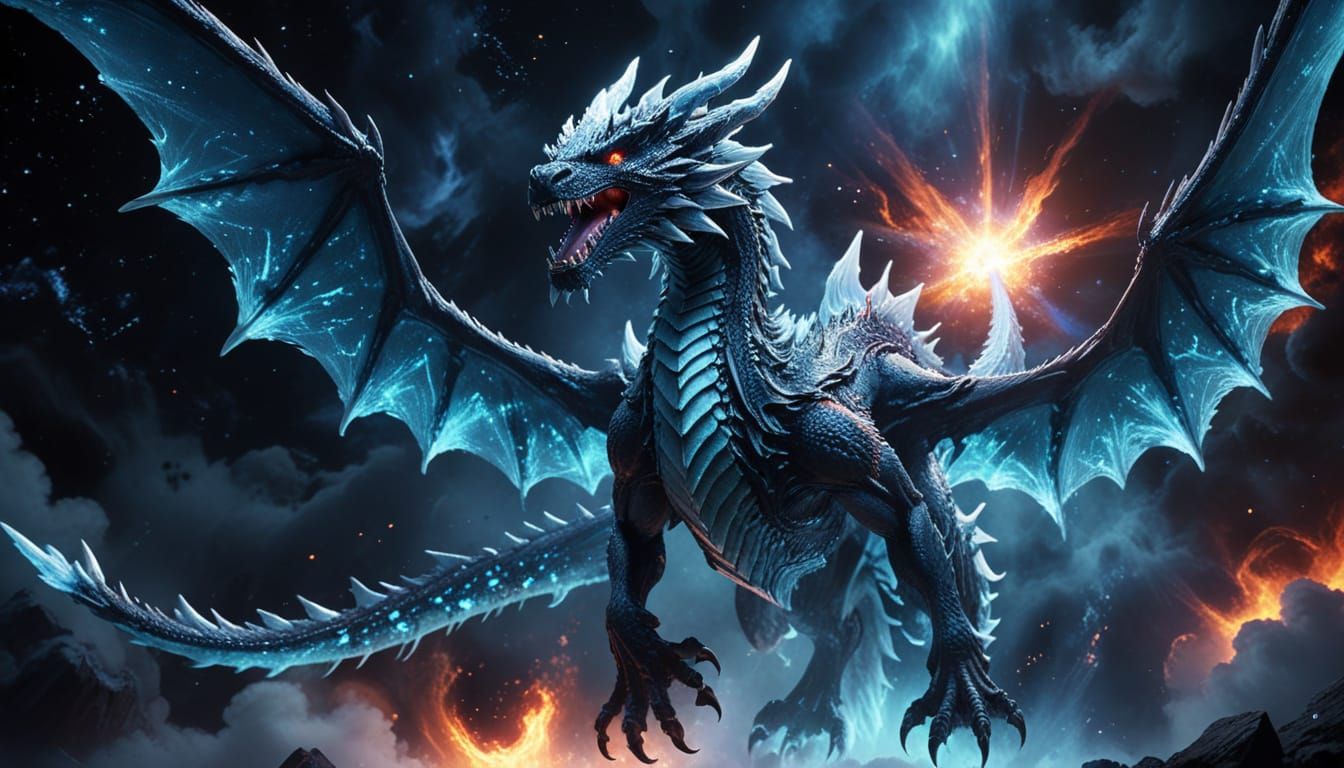 Celestial Ice Dragon Soars Through Nebula in Anime Style
