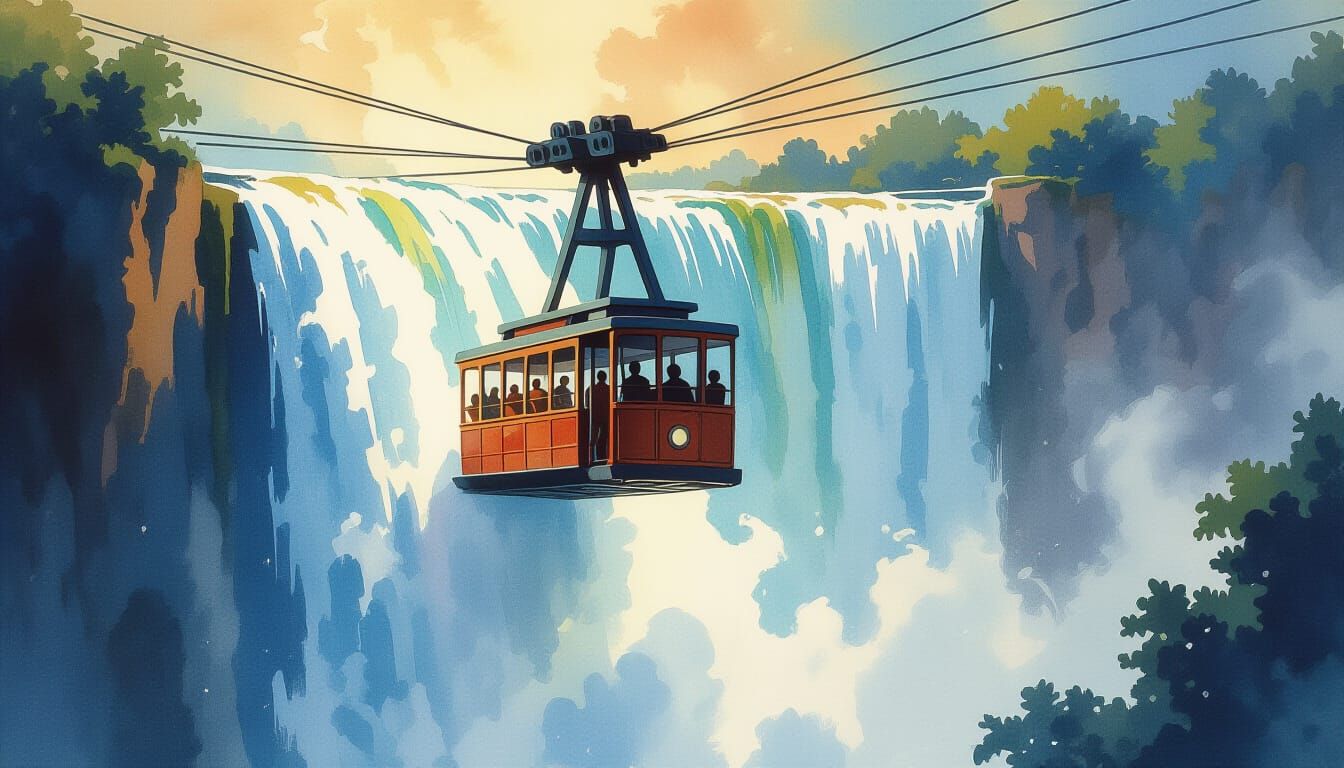 Vintage Cable Car Climbs Waterfall in Watercolor Style