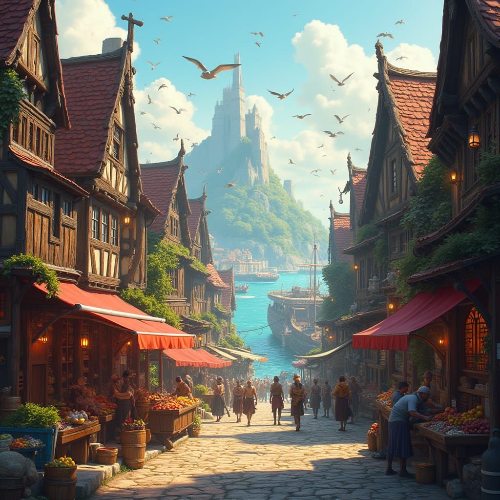 Fantasy Port Town Scene in Warm Golden Light
