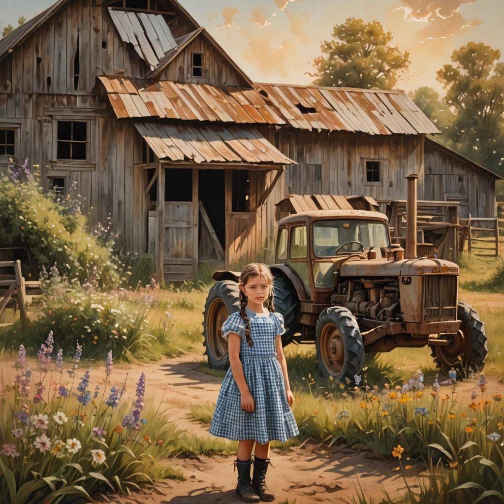 Girl in Gingham Dress, Wyeth-Style Oil Painting