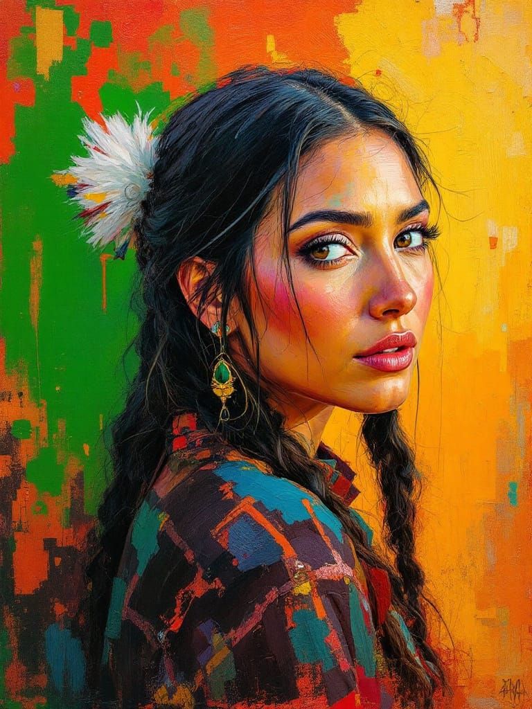 Lakota Woman Portrait with Textured Brushwork and Bold Color...