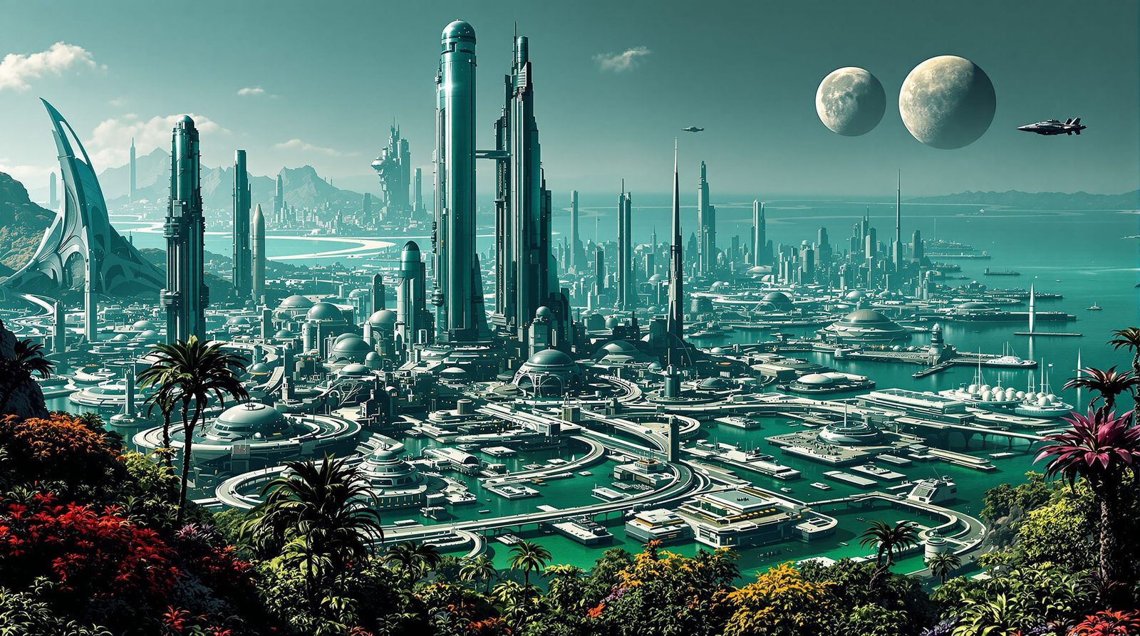 Noir Alien Metropolis Under Two Moons