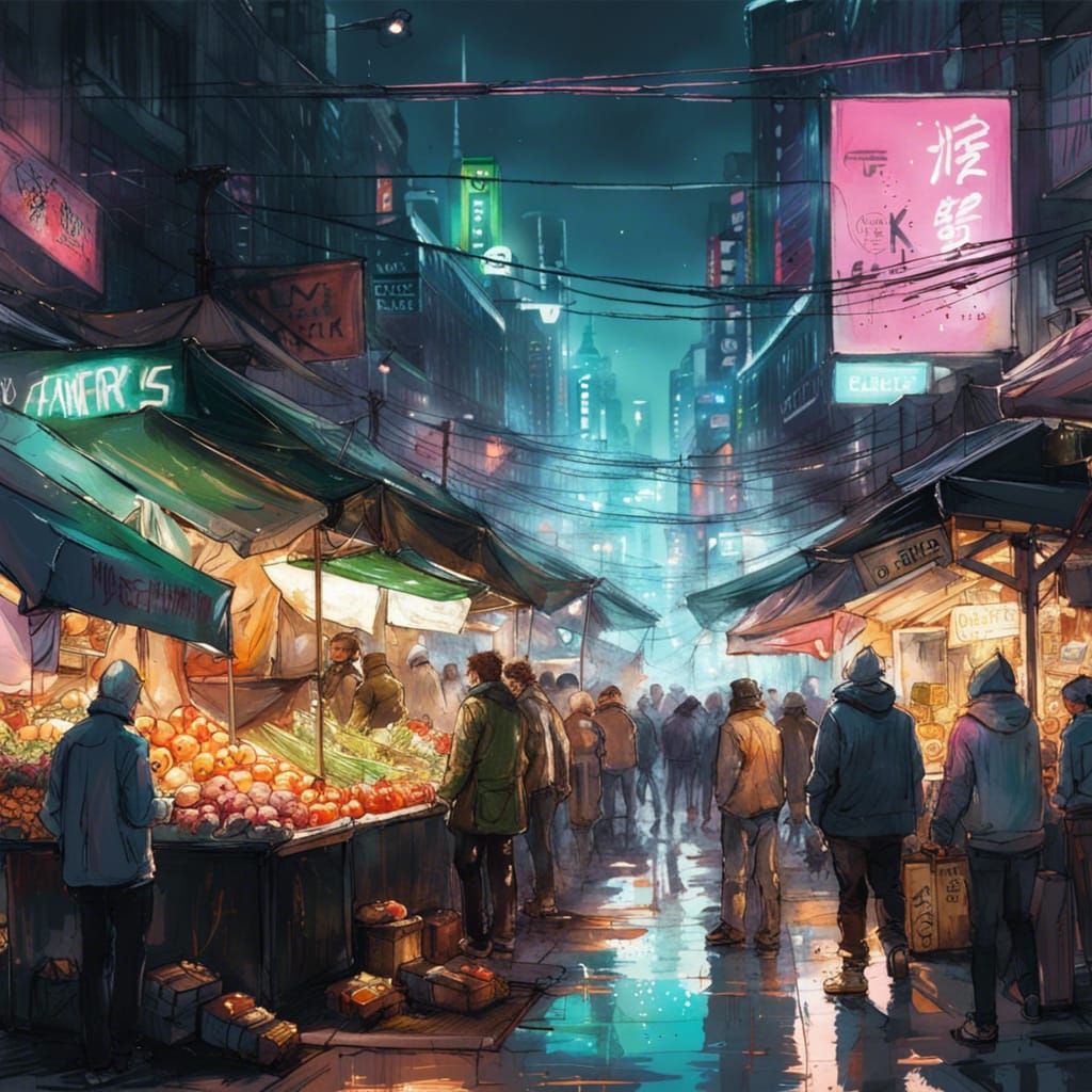 Cyberpunk Farmers Market at Night in San Fransokyo