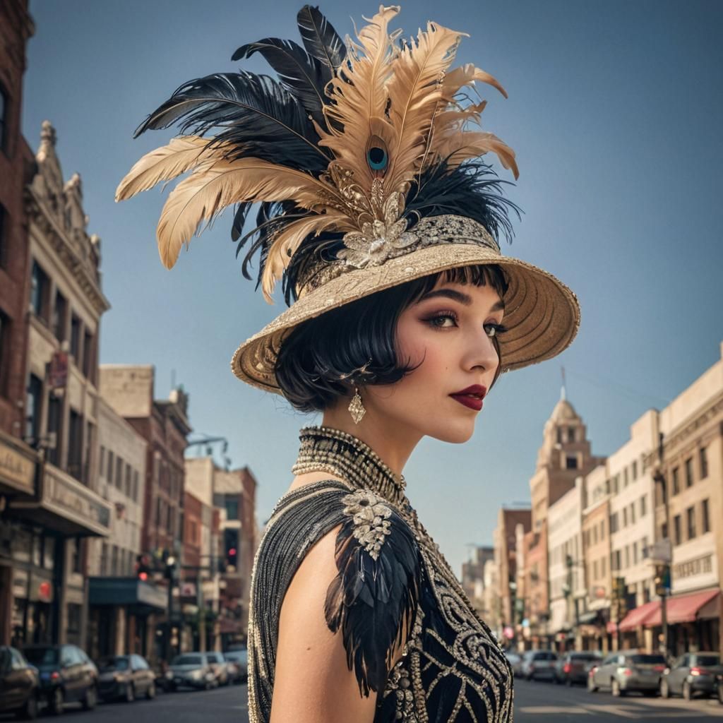 Flapper in Art Deco Cityscape: Photorealistic Fashion