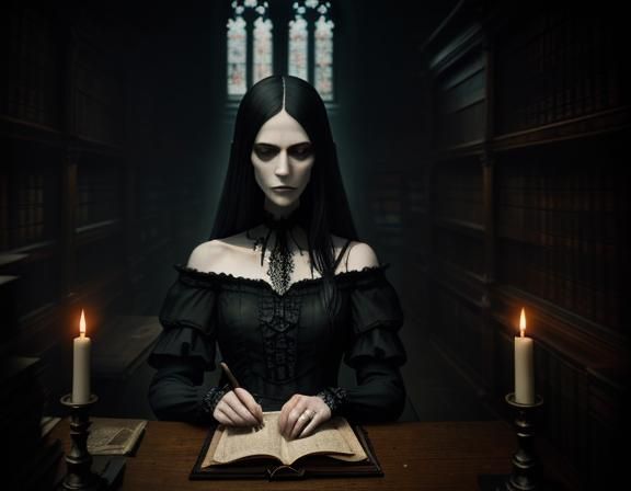 Gothic Woman in Dimly Lit Library