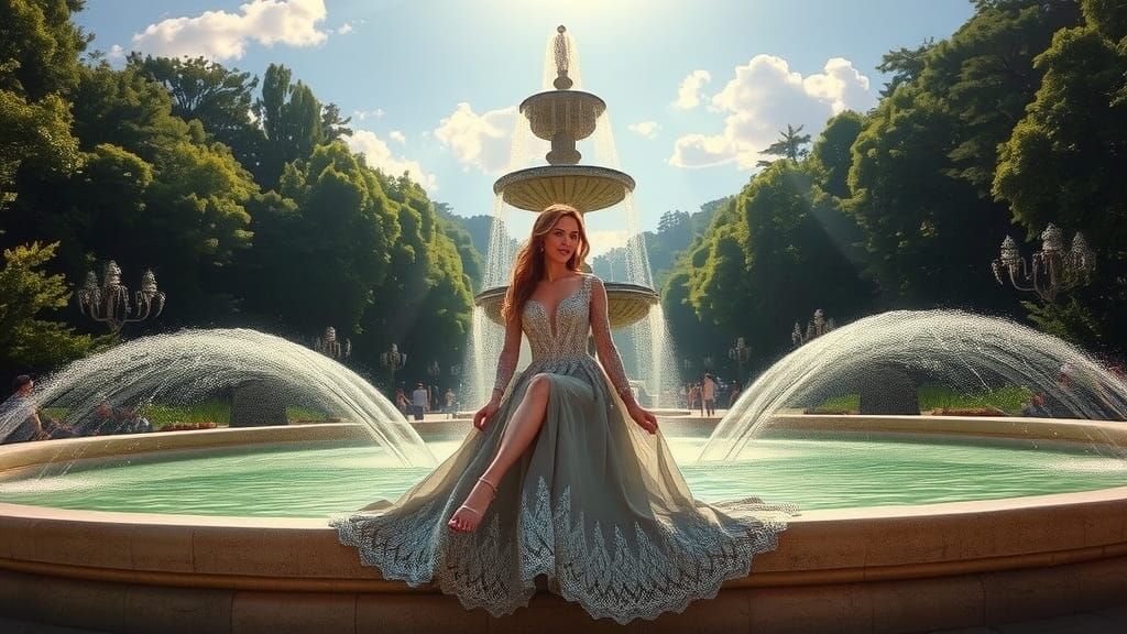 Elegant Woman by Fountain in Dreamy Landscape
