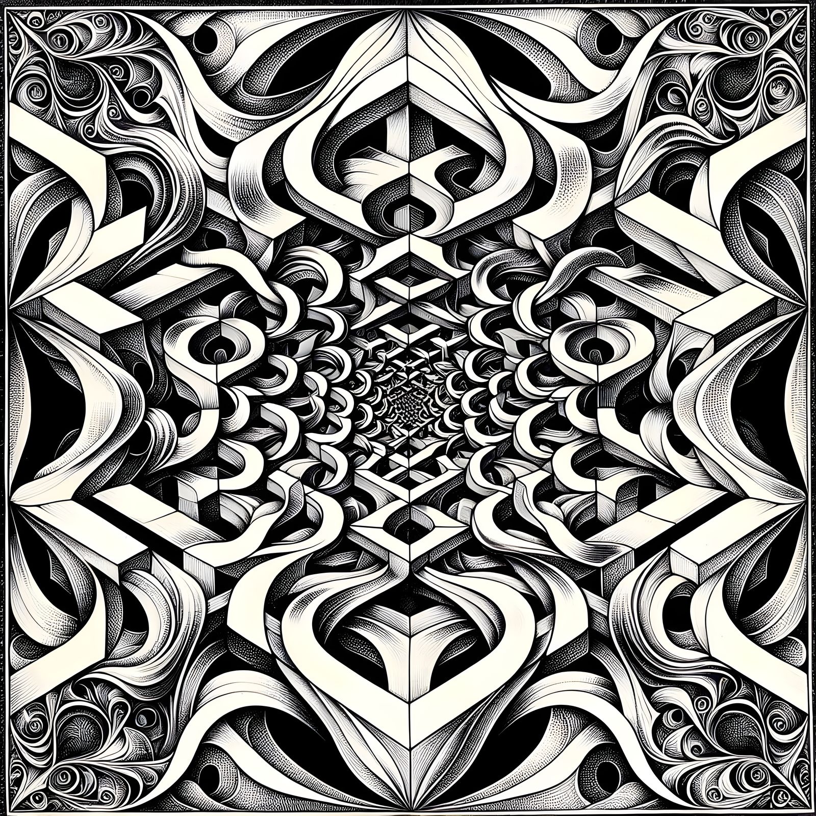 Surreal Penrose Tiling Etching in Evocative Style