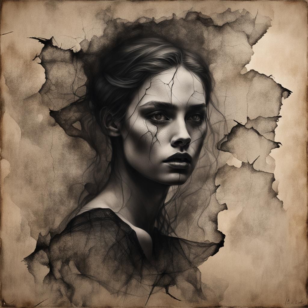 Moody Charcoal Portrait of Model Emerging from Shadows