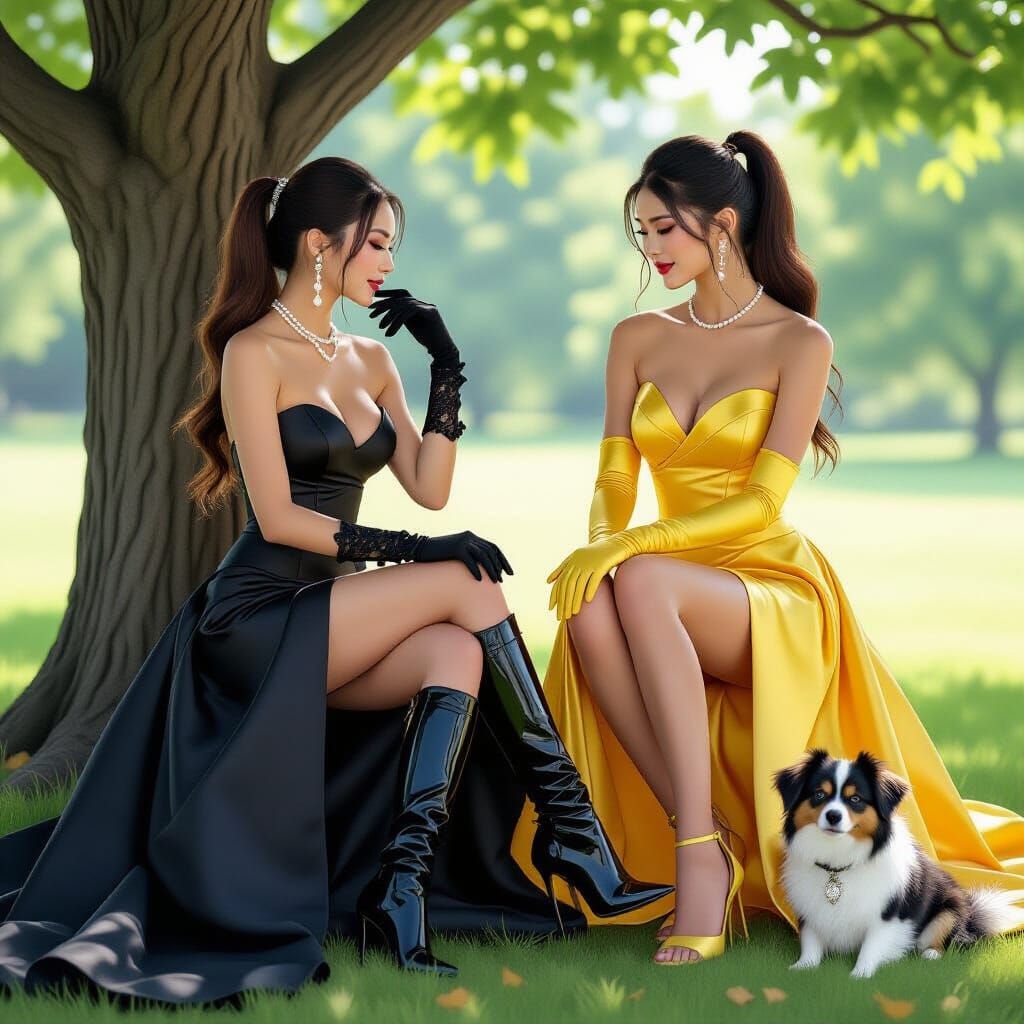 Two Women in Prom Dresses Under a Tree