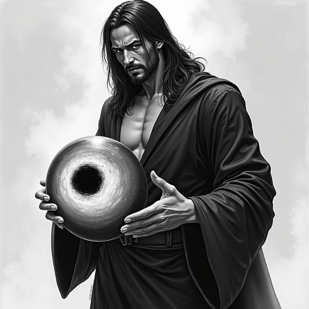 Mysterious Figure in Black Robes Holds a Dark Orb