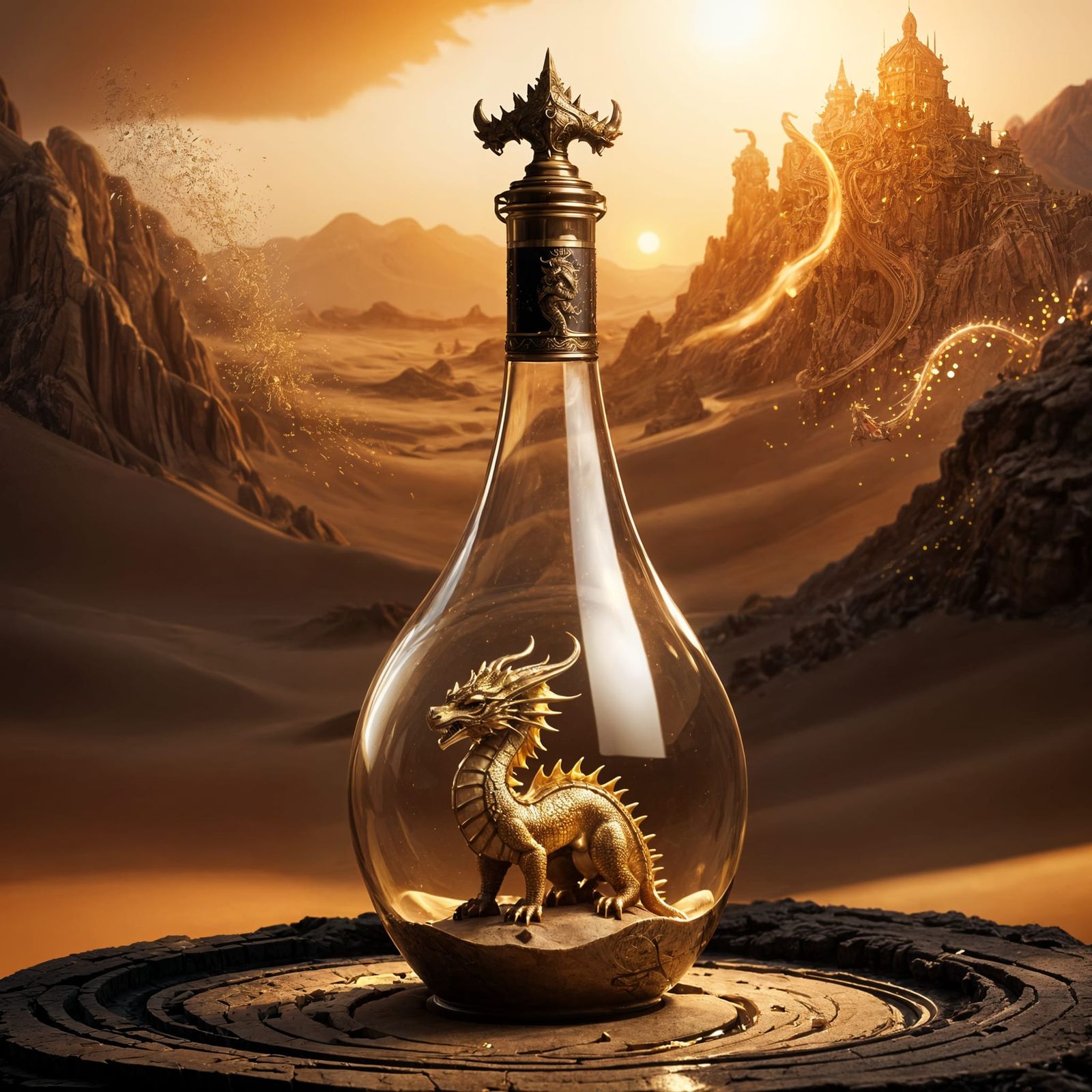 Golden Dragon Captured in Desert Bottle