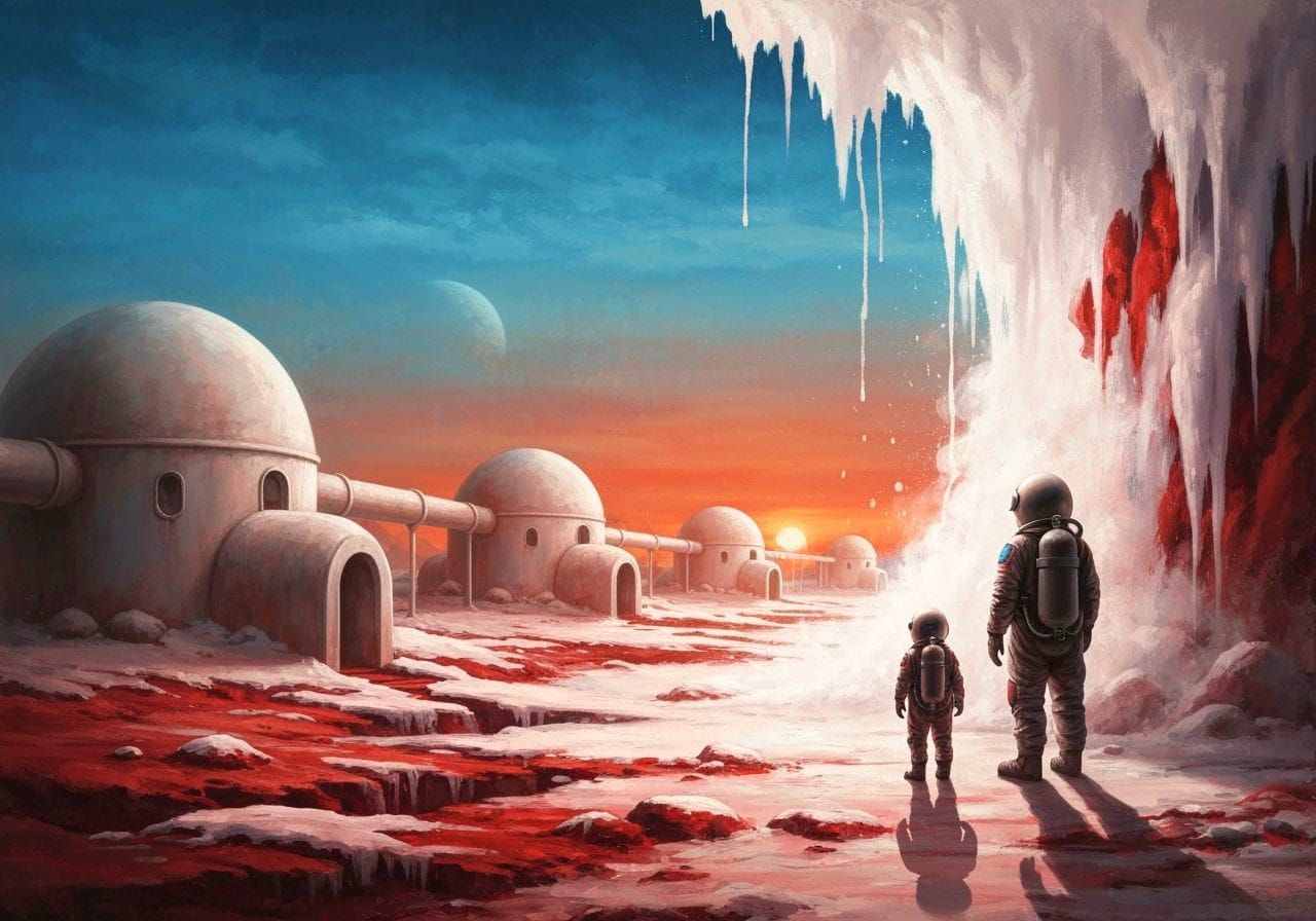 Mars Village at Sunset: An Ink Painting Masterpiece