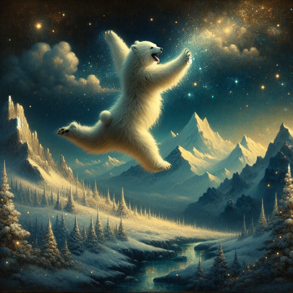 Fluffy Polar Bear Leaping in Snowy Alps, Digital Art