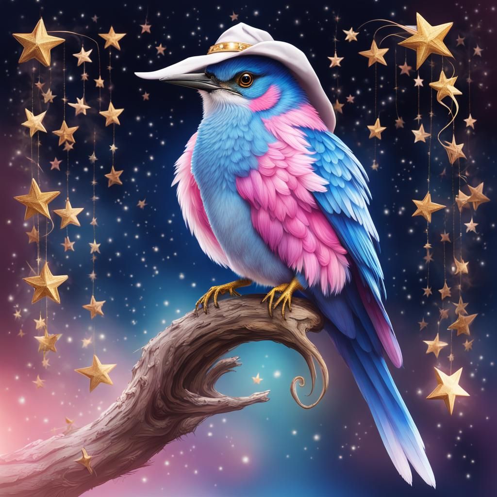 Colorful Bird with Witch Hat and Stars