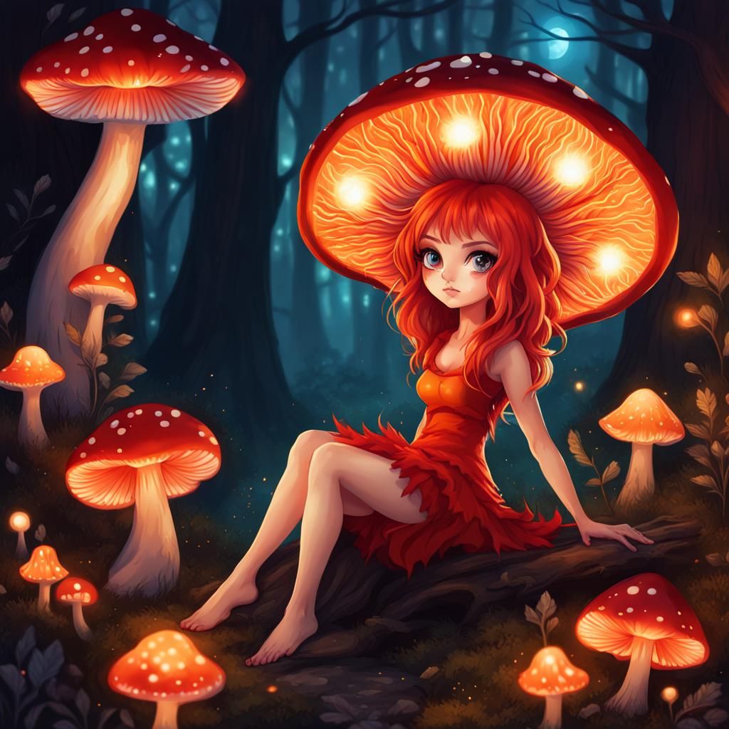 Fire Fairy in Enchanted Mushroom Forest