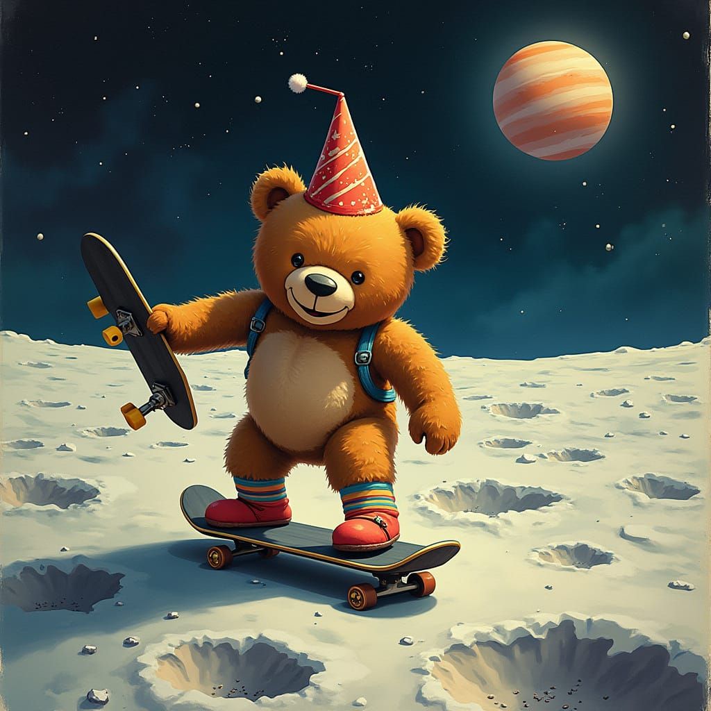 Teddy Bear Skateboarding on the Moon in Whimsical Style
