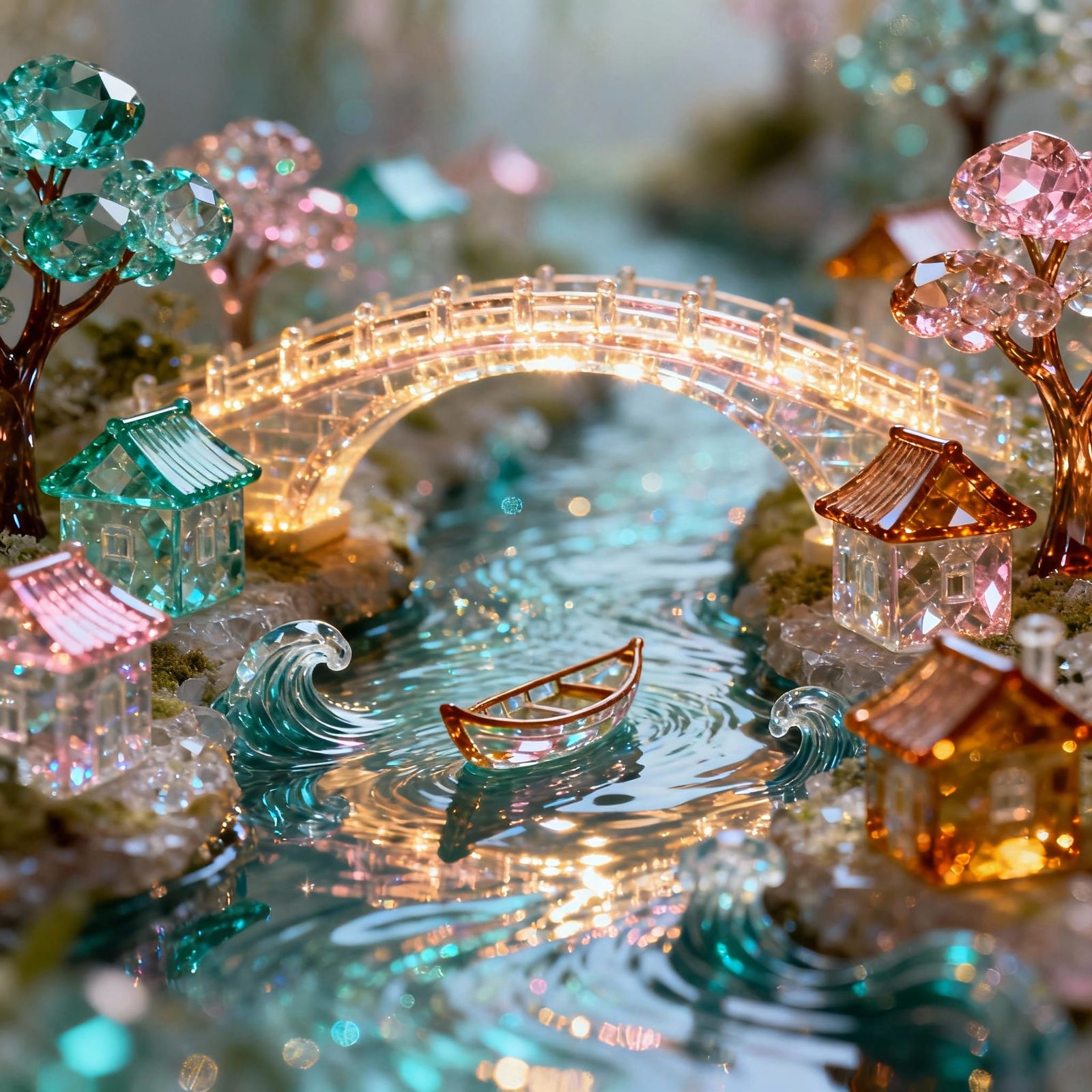 Magical Glass Miniature Town With Shimmering River