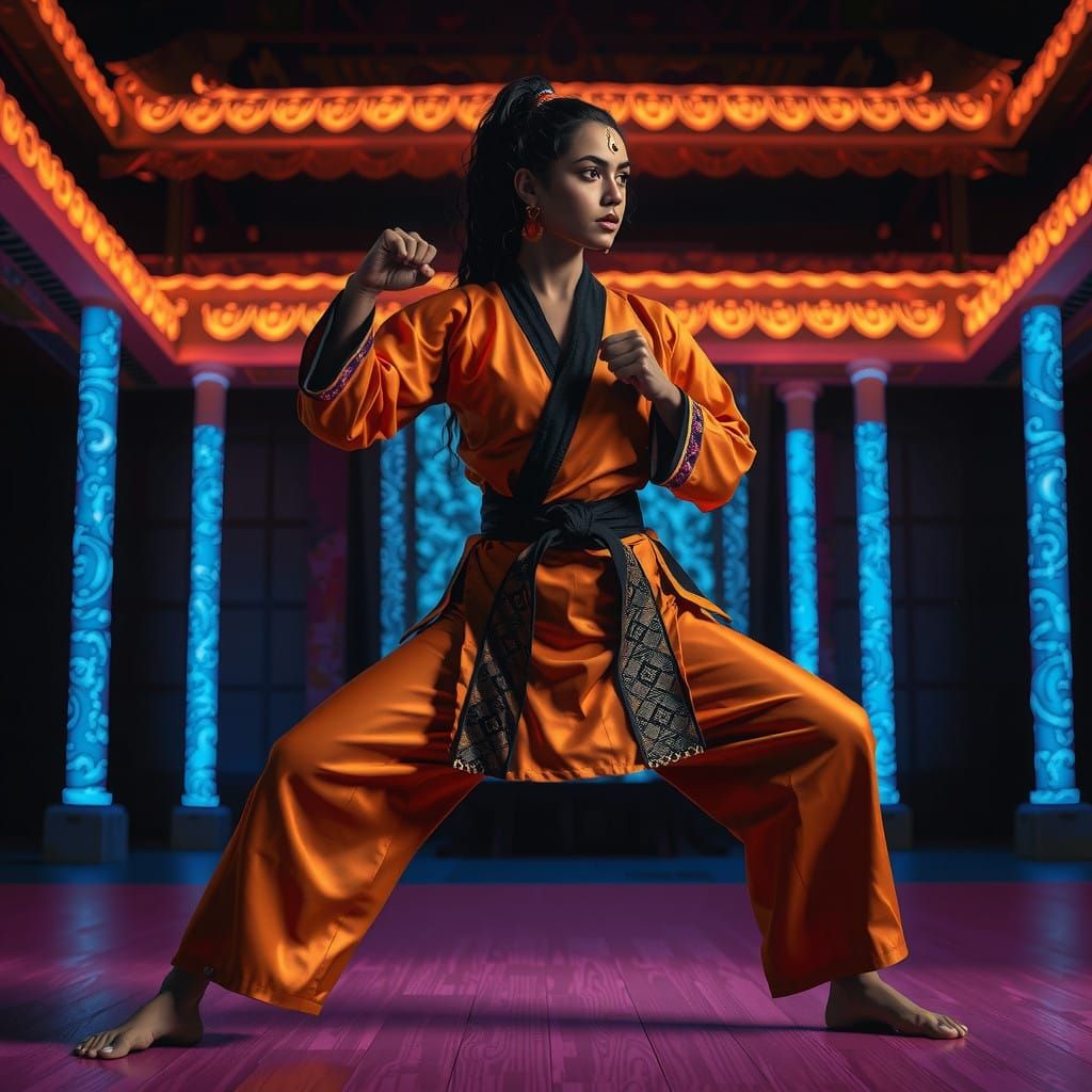 Elegant Dark Skinned Hindu Goddess of Martial Arts in Golden...