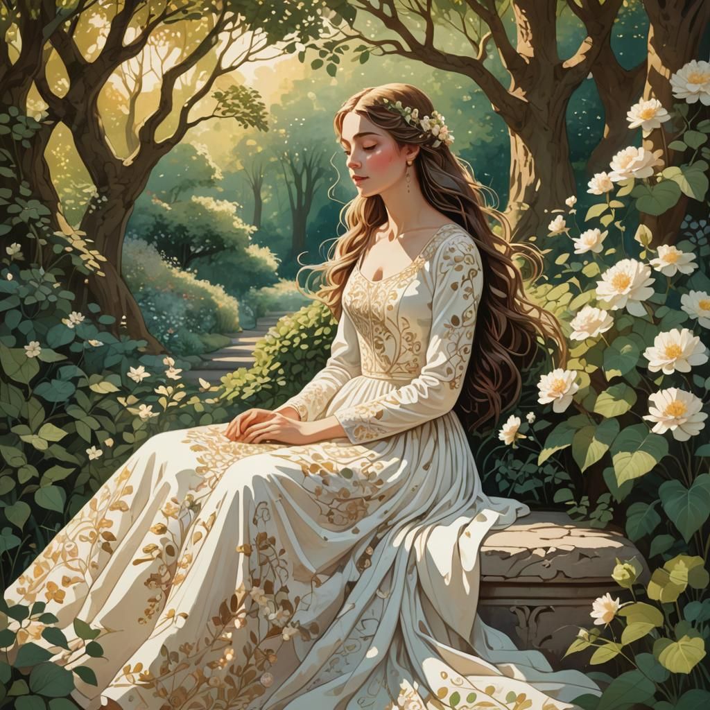 Young Woman in Whimsical Forest, Classic Illustration