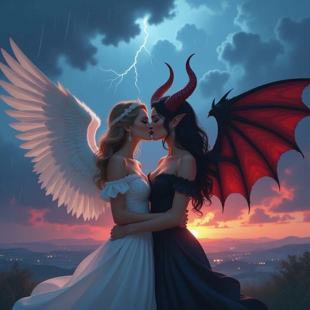 Angelic Demon Kiss Under Stormy Skies