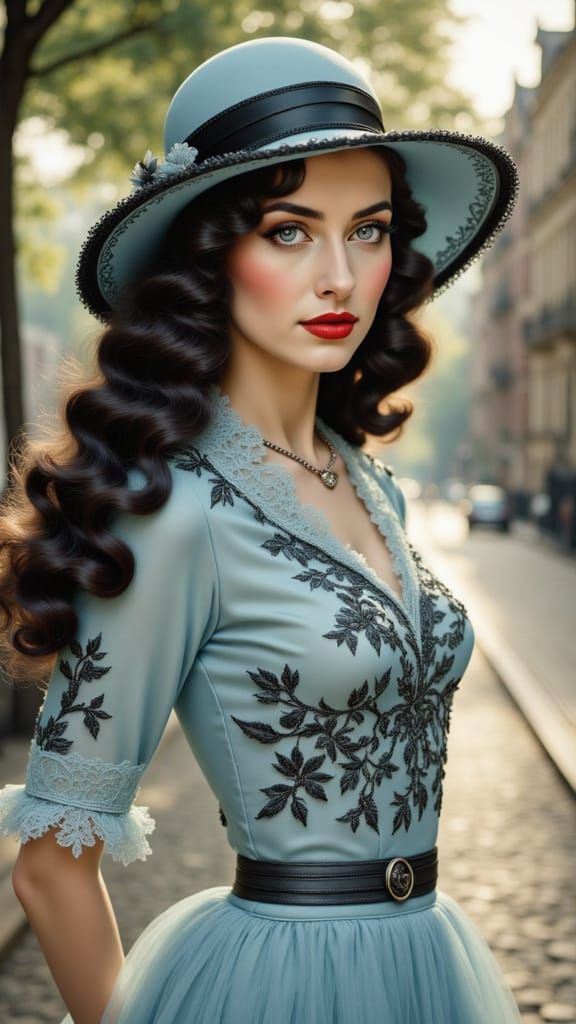 Glamorous Woman in Vintage Haute Couture on Brooklyn Promena...