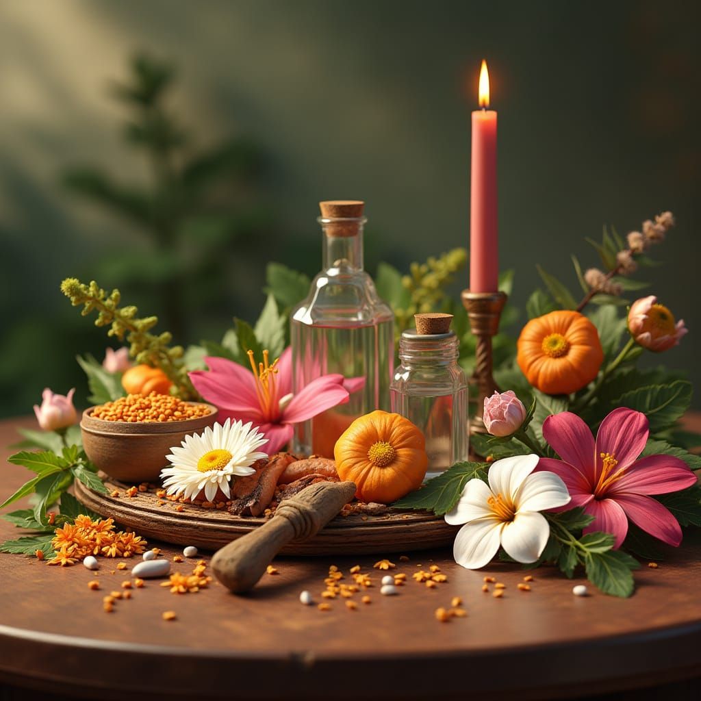 Vibrant Herbal Tea Arrangement on a Polished Wooden Table