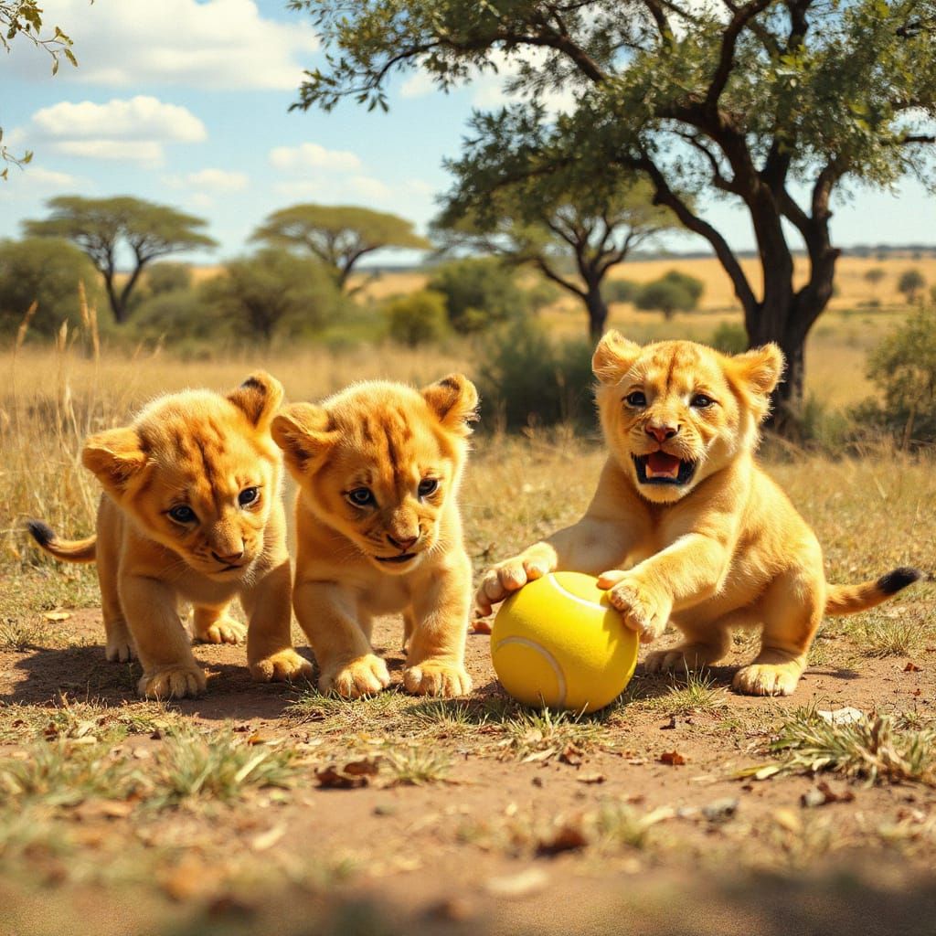 Golden Lion Cubs Play in Whimsical Savannah Landscape