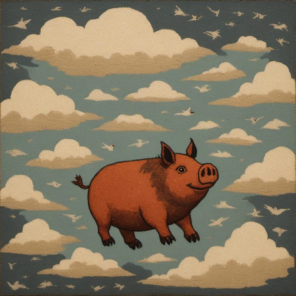 Ancient-Style Silhouette of a Happy Flying Pig in the Clouds