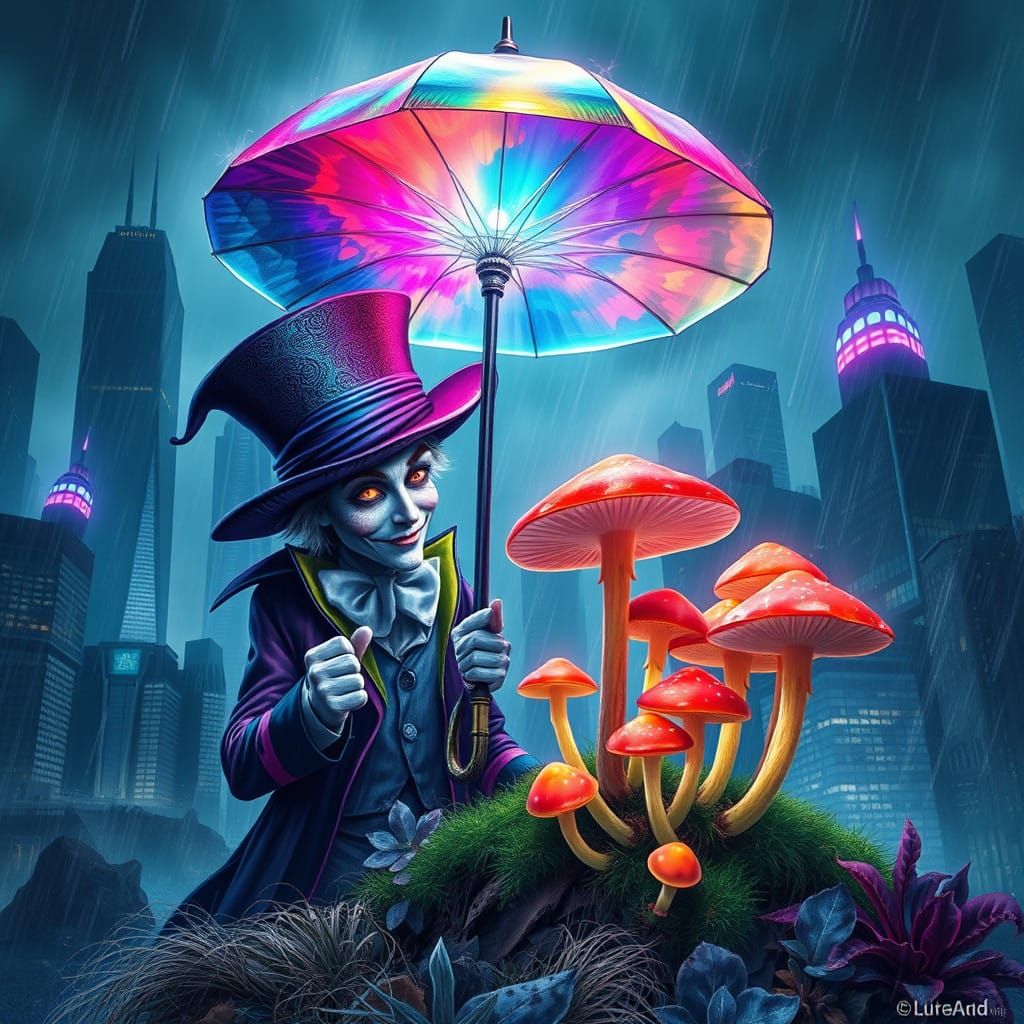 The Mad Hatter's Glimmering Umbrella in Stormy Cityscape
